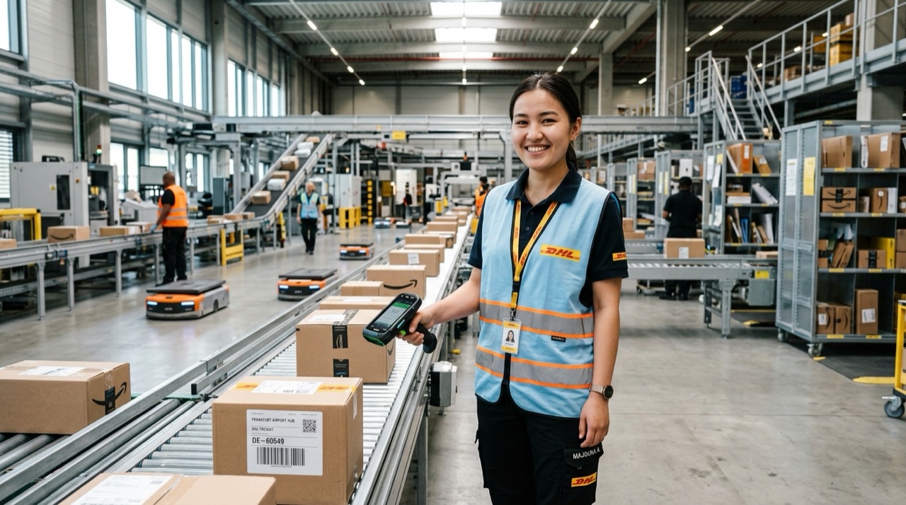 Germaniyada talaba logistika omborida ish jarayonida